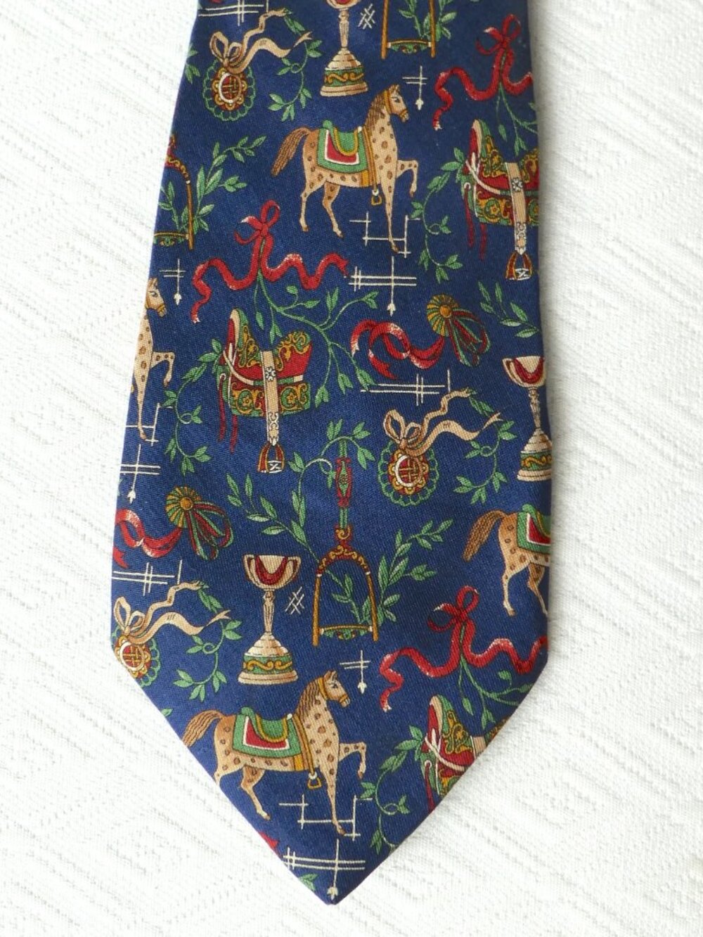 SALVATORE FERRAGAMO Italy blue gold horses saddle equestrian 100% silk tie